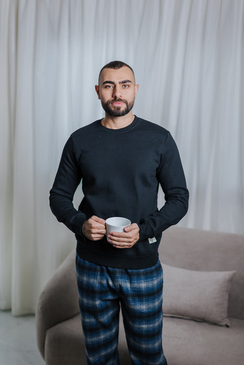 Men Winter Pajama Set Black T-shirt + Grey x Off-white Checkered Pants